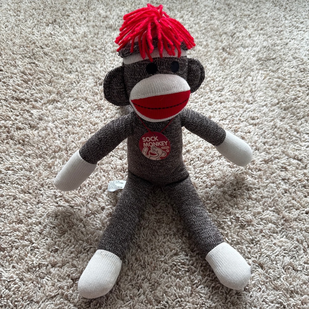 Schylling Classic Sock Monkey Plush Brown Knit Red Yarn Hair 21 Inch SSM 2008